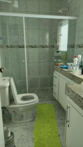 een badkamer met een toilet, een douche en een tapijt bij Casa Da Ana in Caraguatatuba