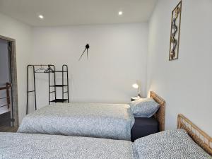 1 dormitorio con 2 camas y espejo en la pared en Appart'Hôtel Trazegnies, en Courcelles