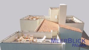 a balcony with chairs and tables on a building at Aparttime Palma mit 3 MeerBlick Dach-Terrassen in Palma de Mallorca