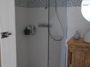 a bathroom with a shower with a glass door at Maison cosy avec jardin, centre de Sauzon, 200m du port, 3 chambres, WiFi, terrasse et barbecue - FR-1-418-211 in Sauzon +7 photos
