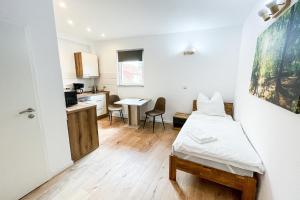 a small room with a bed and a kitchen at Good Sleep - Appartments in Irxleben