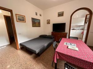 モンティニョーゾにあるTra le Alpi Apuane e il mareのベッド、テーブル、テレビが備わる客室です。