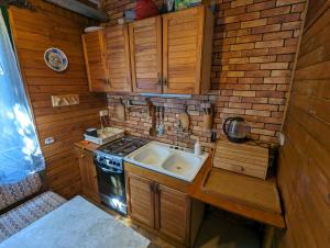 a small kitchen with a stove and a sink at Różany Domek in Wojnówko
