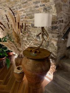 une lampe au-dessus d'un grand vase avec des plantes dans l'établissement Casa Altemir, à Campo