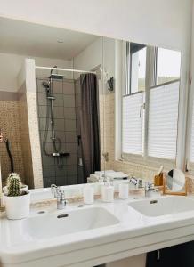 ein Badezimmer mit einem Waschbecken und einem großen Spiegel in der Unterkunft Le 8 in Mutzig