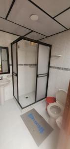 La salle de bains est pourvue de toilettes et d'un lavabo. dans l'établissement Hotel Alcayata Popayan, à Popayan