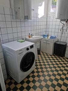 - un lave-linge dans la salle de bains pourvue d'un lavabo dans l'établissement Bien proche de Aeroport St Exupéry Village de Marques et Lyon, 