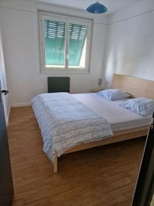 - une chambre avec un grand lit et une fenêtre dans l'établissement Bien proche de Aeroport St Exupéry Village de Marques et Lyon, 