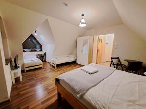 1 dormitorio con 1 cama grande en el ático en Tatry Panorama, en Zakopane
