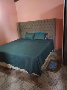 sypialnia z dużym łóżkiem z zieloną kołdrą w obiekcie Hospedaje Confortable en Luque w mieście Luque