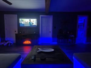 sala de estar con luces azules y TV en Riverside Retreat, en Benton Harbor
