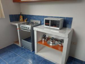 een kleine keuken met een fornuis en een magnetron bij Mirador de Cumbaza House in Tarapoto