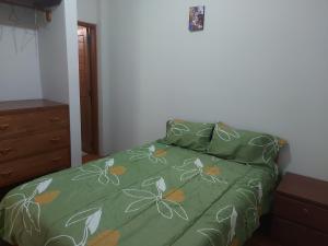 een slaapkamer met een bed met een groen dekbed bij Mirador de Cumbaza House in Tarapoto