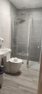 ein Bad mit einer Dusche, einem WC und einem Waschbecken in der Unterkunft Pensión Mar in Portomarin
