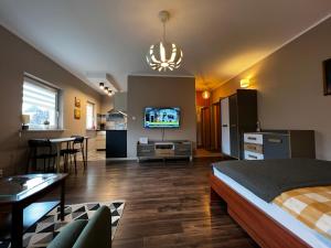 sypialnia z łóżkiem oraz salon z telewizorem w obiekcie Friendly Apartments - Krakow w Krakowie