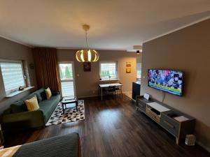 salon z kanapą i telewizorem z płaskim ekranem w obiekcie Friendly Apartments - Krakow w Krakowie