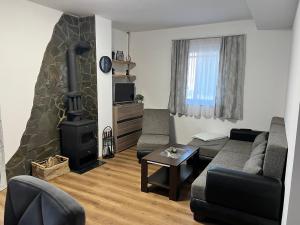 ein Wohnzimmer mit einem Sofa und einem Kamin in der Unterkunft Apartman Winter Nights Vlašić in Vlasic