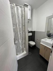 ein Bad mit einem WC und einem Duschvorhang in der Unterkunft Apartman Winter Nights Vlašić in Vlasic