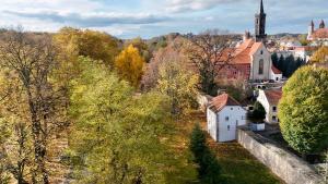an aerial view of a town with trees and a church at Dom w murach in Lwówek Śląski