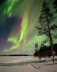 uma imagem das luzes do norte no céu em Wilderness Cabin Onnela em Rovaniemi