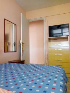 a bedroom with a bed and a dresser with a television at Quarto em apt compartilhado com estacionamento incluso in Niterói