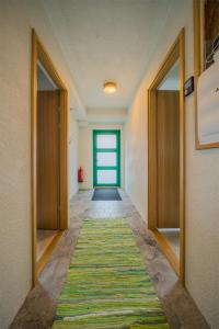a hallway with a green door and a rug on the floor at Apteegimaja Apartment in Rõngu