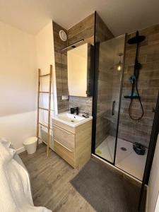 La salle de bains est pourvue d'une douche et d'un lavabo. dans l'établissement Appartement Type T2 Bandol Port, à Bandol