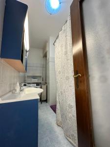 a bathroom with a shower curtain and a sink at Michellangelo in Bergamo