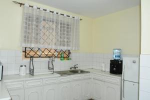 een witte keuken met een wastafel en een koelkast bij Stawi Apartment in Nairobi