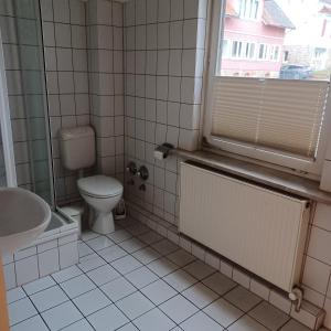 een badkamer met een toilet, een wastafel en een raam bij Wanderfreude in Braunlage