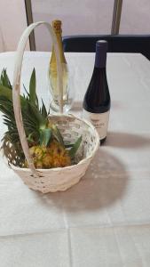 una cesta con una planta y una botella de vino en מקום מקסים בפתח תקווה, en Petaj Tikva