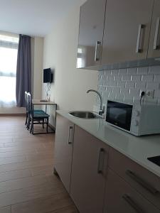 a kitchen with a sink and a microwave at Apartahotel Golden Alcalá in Alcalá de Henares