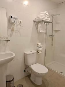 La salle de bains est pourvue de toilettes, d'un lavabo et d'une douche. dans l'établissement Apartahotel Golden Alcalá, à Alcalá de Henares