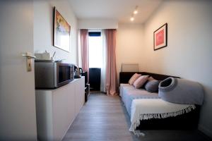 安特衛普的住宿－Privé kamer met chill room en gedeelde badkamer - rand Antwerpen - afrit E313 Wommelgem - vlakbij tramhalte lijn 9 en 24，带沙发和电视的客厅