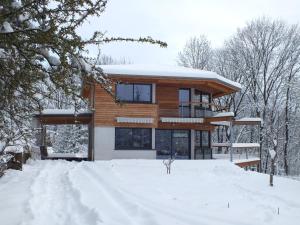 uma casa de madeira na neve na floresta em Maison Cozy de Gap em Gap