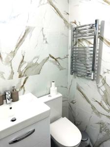 La salle de bains blanche est pourvue de toilettes et d'un lavabo. dans l'établissement Stylish Apartment At Carlton Grove, à Londres