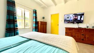 a bedroom with a bed and a flat screen tv at Rooi Taki Treasure in Savaneta