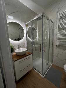 y baño con ducha acristalada y lavamanos. en Przytulny Apartament nieopodal Manufaktury en Lodz