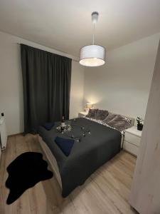 Un dormitorio con una cama con una mesa. en Przytulny Apartament nieopodal Manufaktury, en Łódź