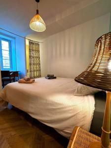 1 dormitorio con 1 cama blanca grande con lámpara en Seventies, vintage et bohème, en Bourgoin