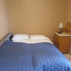 a bed in a room with a blue comforter at Brekkveien 81-meget sentral hytte,15 min å gå til Røros sentrum in Røros