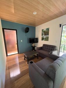 a living room with a couch and a tv at Casa Palmera in Puntarenas