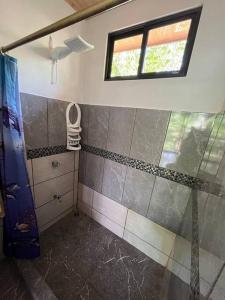 a bathroom with a shower and a window at Casa Palmera in Puntarenas