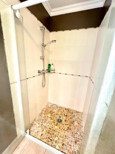 a bathroom with a shower with a tiled floor at Maison Joyce in Montauban