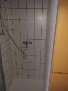 a shower with a hose in a bathroom at Ferienhof Rügen in Maltzien