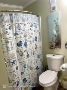 a bathroom with a toilet and a shower curtain at Bikini Bottom in Carolina Beach
