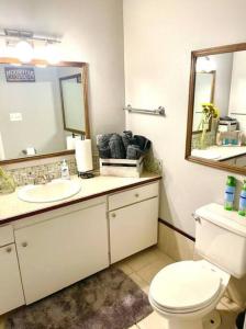 La salle de bains est pourvue de toilettes, d'un lavabo et d'un miroir. dans l'établissement Town & Country-4BR/3BA, 1.5 acres, 20 min FSU/FAMU, à Tallahassee