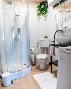 La salle de bains est pourvue d'une douche, de toilettes et d'un lavabo. dans l'établissement M Inn - Seaview with sunny terrace, à Kastav
