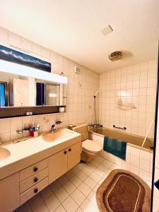 a bathroom with a sink and a toilet and a mirror at Steinbock - CharmingStay in Flumserberg