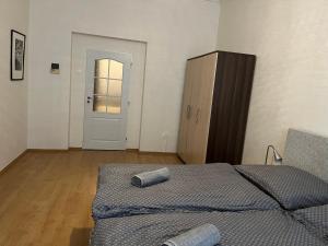 - une chambre avec un lit, une armoire et une fenêtre dans l'établissement Apartmán Raisova 1180, à Karlovy Vary
